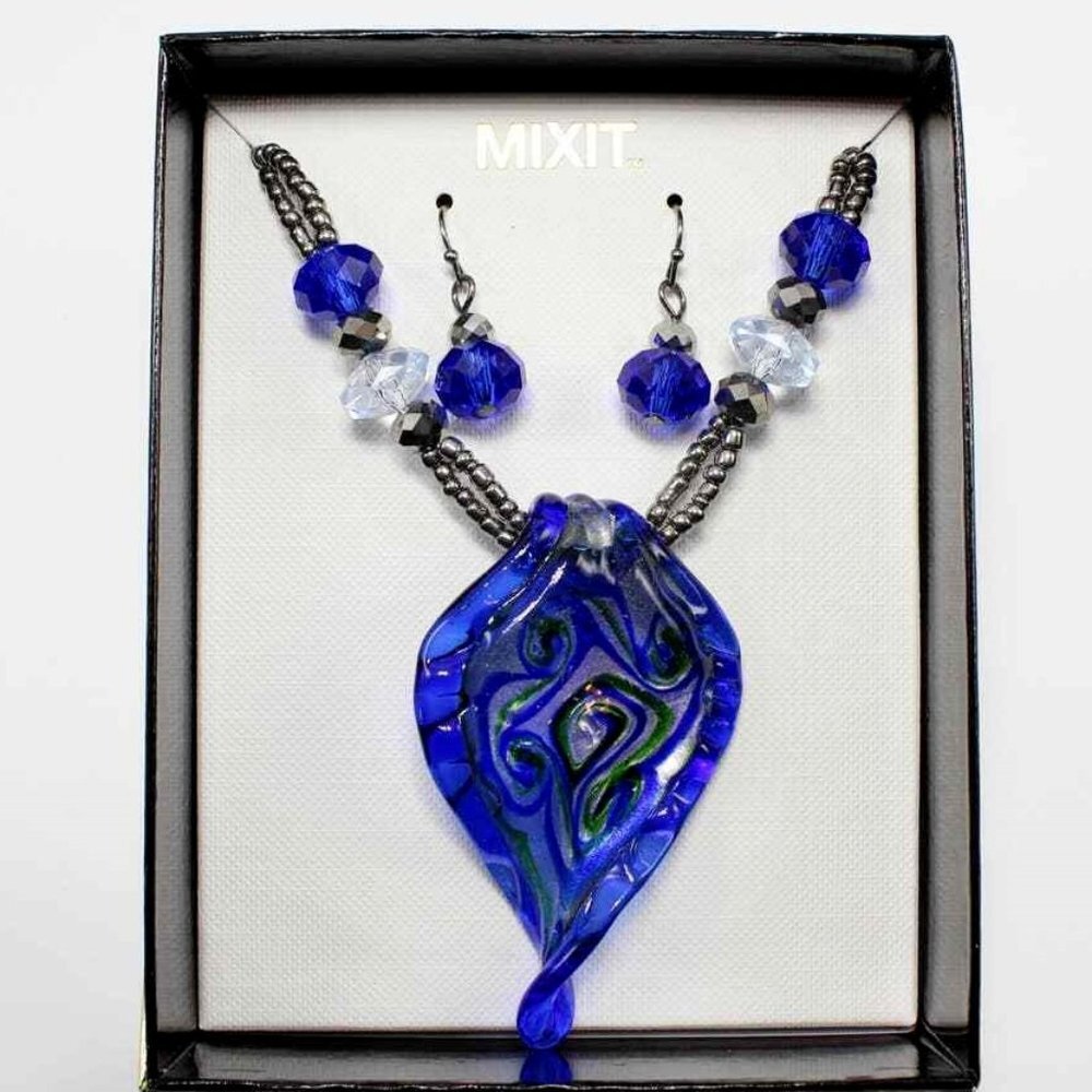 Mixit Set Necklace & Earrings Cobalt Blue Murano Glass Gunmetal in Box M652